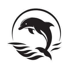 Obraz premium Elegant Dolphin Leaping from the Waves A Striking Black and White Silhouette Against a Circular Backdrop Emblematic of Marine Beauty