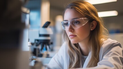 A young woman scientist wearing safety glasses intently analyzes data in a modern laboratory. Her focus highlights the importance of research and safety in science.