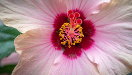 the image focuses on a large, showy flower captured up close. its large petals display a gradient of color, transitioning from a pale cream to a delicate pink