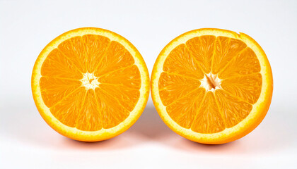 the image features two halves of a bright colored fruit positioned side by side on a clean background. each half reveals the juicy flesh of the fruit, displaying its segmented structure