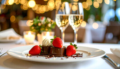 an elegant dining setting with a plate of chocolate dessert garnished with strawberries and chocolate shavings in focus at a restaurant table, accompanied by a glass of wine and candles, suggesting a