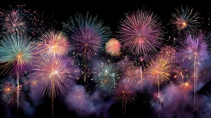 A brilliant fireworks display explodes with colorful light against the dark night sky