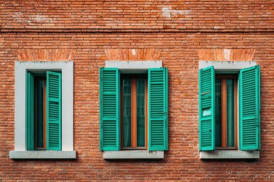 Three open shutter windows on brick building exterior with sunny background texture