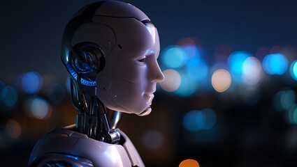 Sleek white humanoid robot in profile, illuminated by soft blue light against a blurred cityscape at night.