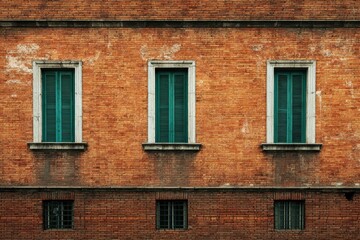 Fototapeta premium Windows with shutters in facade brick building, architectural interest, background