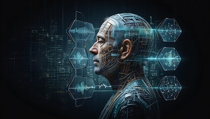 Profile of an intelligent man's head with futuristic digital circuit overlays and abstract data visualizations, symbolizing human-AI integration.