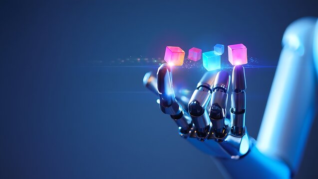 Sleek Robotic Hand Gently Holding Glowing Abstract Data Cubes with Dynamic Light Trails on a Dark Blue Background - Powered by Adobe