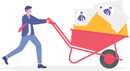 Flat illustration of human resource manager pushing trolley full of candidate files toward onboarding finish line in recruitment process

