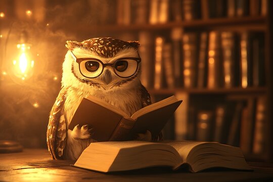 owl wearing glasses and reading a book in a cozy library, warm lighting and human-like posture 
