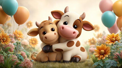 Cute cartoon illustration mother cow and calf Hugging embracing. surrounded by flowers and cheerful balloons, creating a vibrant and heartwarming atmosphere of love and celebration.
