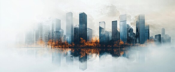 Fototapeta premium A tranquil foggy skyline showcases modern buildings reflected in calm water. The scene bathes in soft morning light, surrounded by autumn foliage.