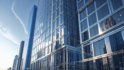 Fototapeta premium Modern Glass Skyscraper Reflecting Urban Architecture and Sky