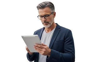  Serious handsome senior businessman using a tablet, isolated on a transparent background