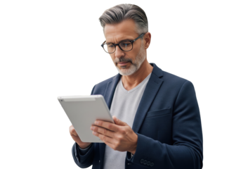  Serious handsome senior businessman using a tablet, isolated on a transparent background