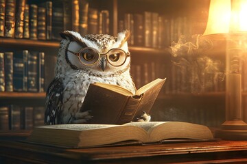 owl wearing glasses and reading a book in a cozy library, warm lighting and human-like posture 
