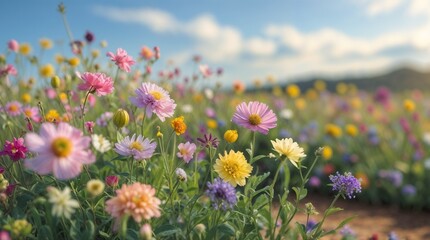 Obraz premium Colorful Wildflower Field in Bloom Under Blue Sky