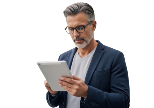  Serious handsome senior businessman using a tablet, isolated on a transparent background
