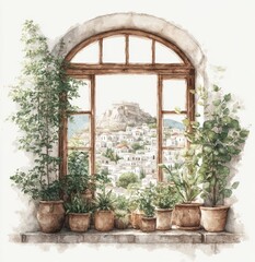 Window view of a Greek town