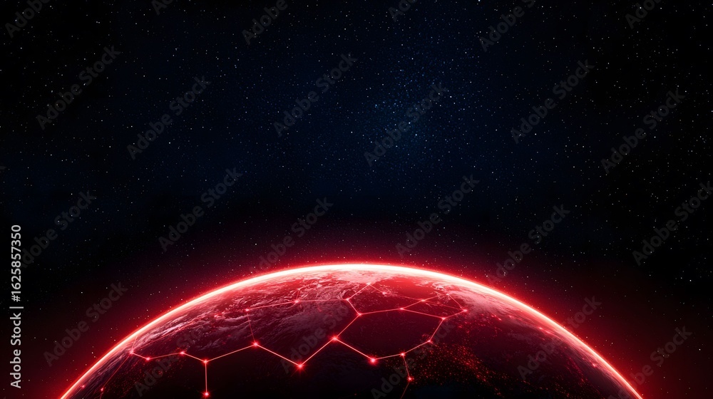 Wall mural the image shows a red planet with network lines and a starry background, creating a sense of a futur