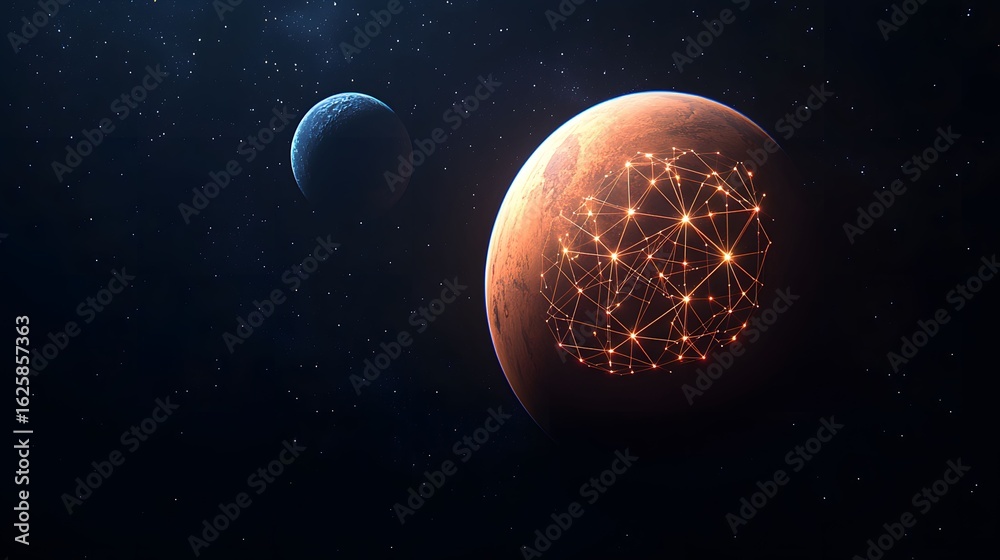 Wall mural the image features two celestial bodies against a backdrop of stars, with one planet having a glowin
