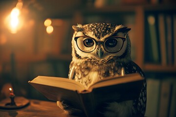 owl wearing glasses and reading a book in a cozy library, warm lighting and human-like posture 
