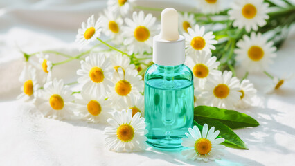 A blue essential oil bottle nestled amongst a vibrant bouquet of white and yellow daisies.