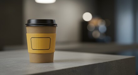A disposable coffee cup with a blank yellow sleeve for branding sits on a modern countertop.