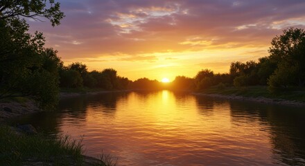 Obraz premium Golden Hour Serenity: Luminous Sunset over a Calm Forest River