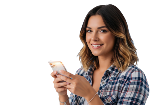 Happy young woman using a smartphone and smiling, isolated on a transparent background - Powered by Adobe