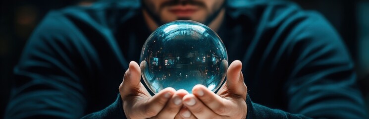 A mysterious man holds a crystal ball in his hands, surrounded by darkness. The reflection creates an intriguing ambiance, sparking thoughts of divination and fortune.