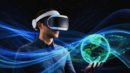 Virtual Reality Explorer - Futuristic Globe Interaction, A man wearing a virtual reality headset interacts with a glowing, digital globe in his hands.