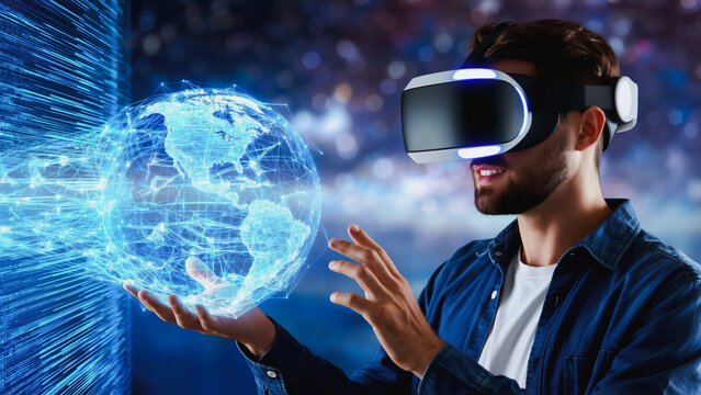 VR Explorer - Global Connection & Immersive Technology, A man wearing a virtual reality headset interacts with a glowing globe, illuminated with blue lights. The image represents global connectivity.