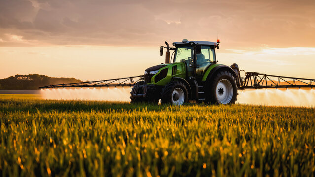 Sunset Pesticide Spraying on Agricultural Field, A green tractor sprays pesticides across a field of tall grass at sunset. The tractor is centrally positioned.