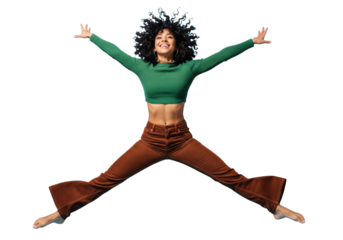  Happy excited young woman jumping with arms outstretched, isolated on a transparent background