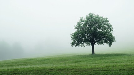Fototapeta premium A solitary tree stands majestically in a misty landscape, surrounded by lush green grass. This serene scene captures the beauty of nature at dawn, evoking tranquility.