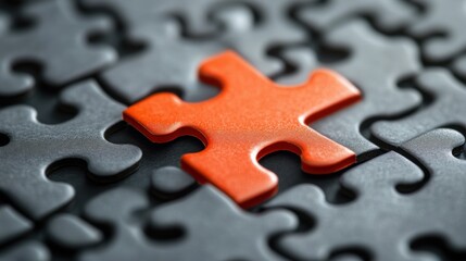 Fototapeta premium A striking orange puzzle piece stands out against a sea of black pieces, representing uniqueness and the importance of fitting into a larger picture.