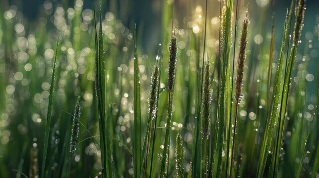 Closeup of Dewy Grass in Beautiful Nature Background