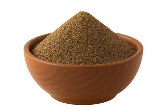 Dark brown garam masala spice blend in wooden bowl showing Indian cuisine essence with warm earthy aroma and culinary depth isolated on transparent background