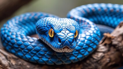 Fototapeta premium Close up of a vibrant blue pit viper coiled on a branch