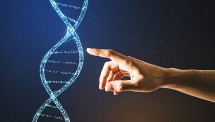 Glowing blue digital DNA helix with hand pointing on dark background