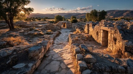 Ancient Archaeological Site at Dawn with Golden Light