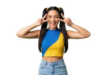 Happy young woman making peace sign with both hands, isolated on a transparent background