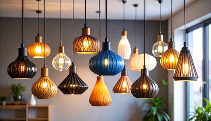 Assorted illuminated pendant lights in varied shapes and finishes against dark wall with plantv