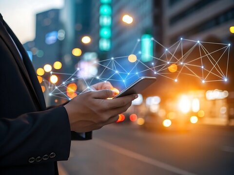 Businessman using smartphone with glowing network connections overlay in a modern city at night