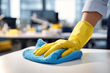 Hand wiping office desk, gloved, clean surface with blurry background; use for hygiene