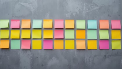 Multiple pastel-colored sticky notes arranged on a surface, used for organizing ideas, planning, or brainstorming sessions.
