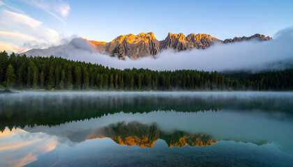 Sunrise over still lake with mist floating above water, dense pine forest along shore, and jagged mountain peaks glowing in warm light under clear blue sky