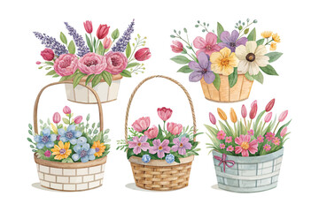 set of watercolor flower basket vector illustration isolated on white background
