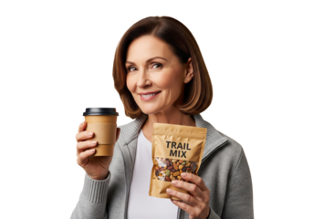 Happy smiling senior woman with a healthy breakfast, isolated on a transparent background