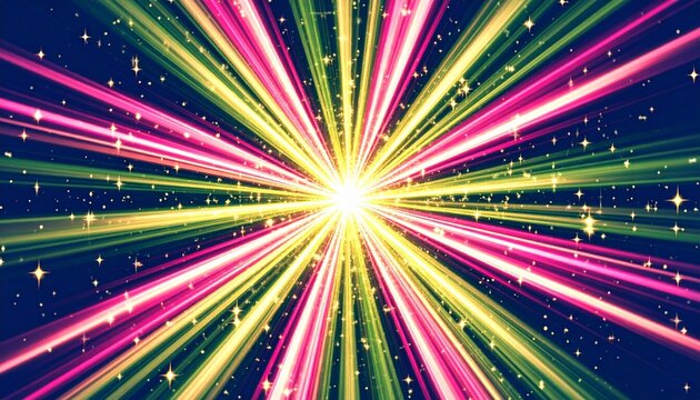 Colorful light burst with multicolored rays on deep blue background